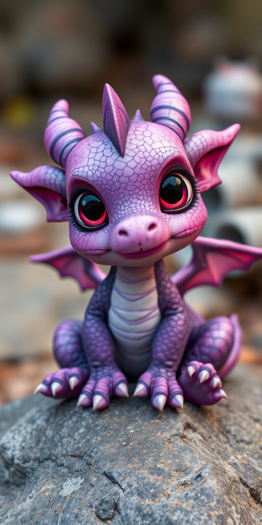 a cute, small dragon with big eyes and purple scales, sitting on a rock with small wings and a playful expression