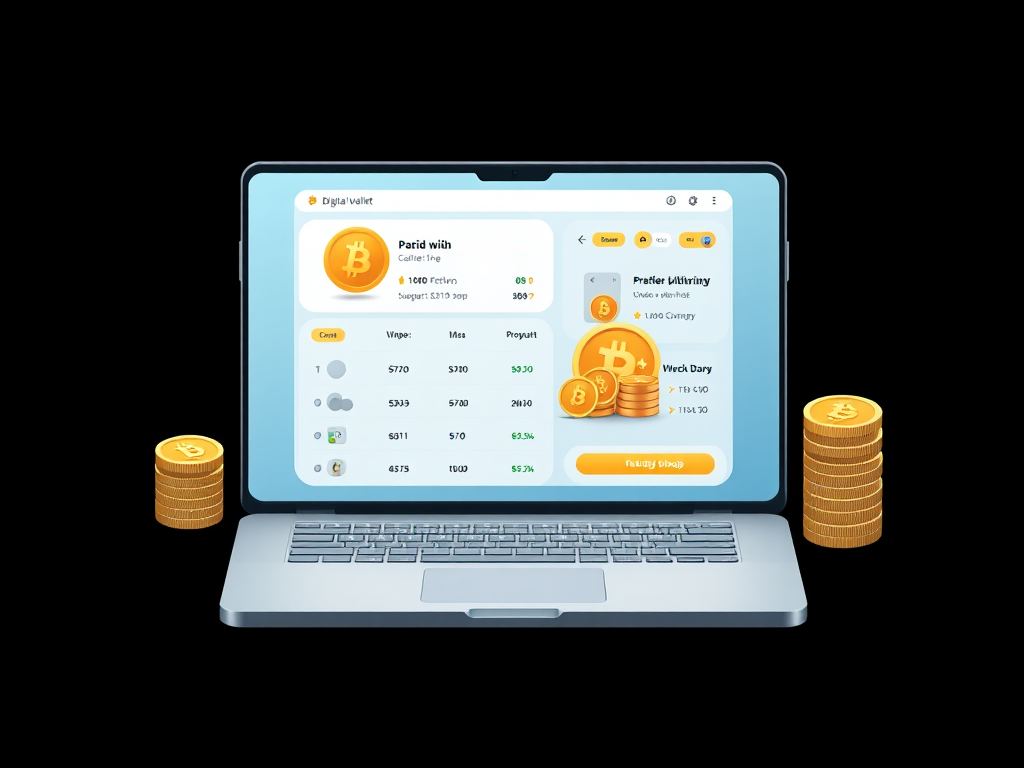 create an isometric vector illustration of a laptop displaying a digital wallet interface with stacks of gold coins on either side, shot with a Canon EOS R5 at f/2.8, ISO 100, 35mm lens, soft lighting against a dark background to enhance clarity and detail