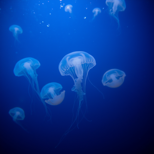 Underwater scene of glowing jellyfish, soft underwater lighting, shallow depth of field, aperture f/2.8, ISO 400, shutter speed 1/60s, wide-angle lens, taken with a DSLR camera from a low angle perspective.