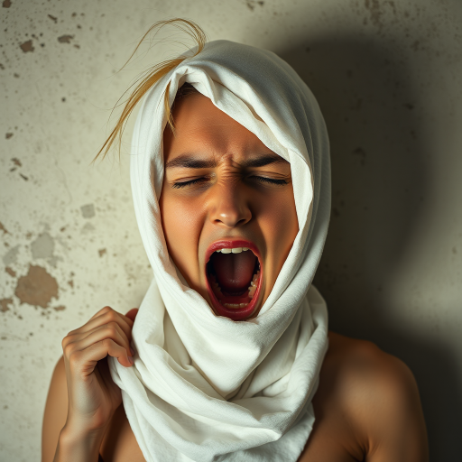 Create a close-up photographic image of the head and torso of a person with light skin tones shown against an old, worn wall. Their head is wrapped in a white cloth covering (i.e.... parts of the head except the nose and mouth, which are open as if they are screaming...), with a slight texture and visible folds in the fabric. Thin strands of blonde hair escape from the wrapping above, falling lightly at the top and sides. Their hands hold the fabric as if they are tugging nervously. The lighting is dramatic and even, casting strong shadows. The image has a minimalist and surreal style with an emphasis on simplicity with soft color tones. The composition is centered.