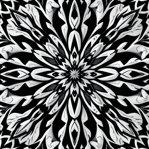 Create a high-resolution black and white floral pattern with intricate geometric shapes, focus on symmetry, captured using a DSLR camera at f/8, ISO 100, 50mm lens, shot from a top-down view in natural light.