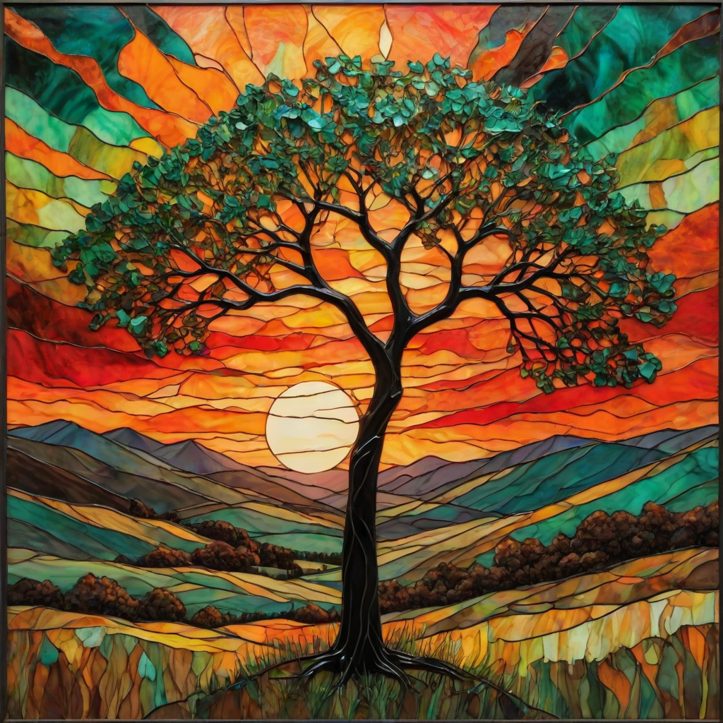 A vibrant abstract painting on Tiffany Glass, blending acrylic and alcohol ink techniques, captures a dramatic sunset over rolling hills. The artwork features a textured, rocky foreground in green and brown, layered abstract hills, and a striking sunset in rich oranges, yellows, and reds. A solitary black tree with intricate branches contrasts against the fiery sky, creating a dynamic and expressive portrayal of a breathtaking natural scene.