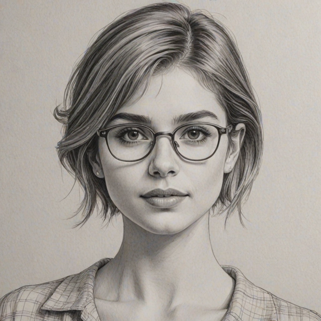 Dazzling Sami Gayle, pencil sketch, portrait of Sublime woman 1976s in glasses, hair style beatnik, outline, clear lines, fine lines, 8k