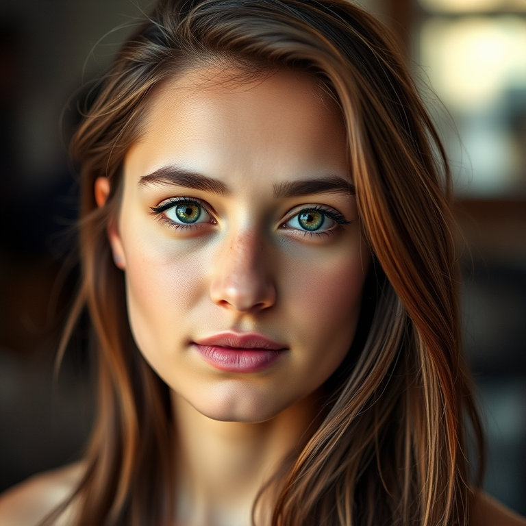 Create a portrait of a young woman with soft lighting, shallow depth of field, using a full-frame DSLR camera, aperture set to f/1.8, ISO 100, 85mm lens, shot at a 45-degree angle, with a blurred background to enhance facial features and skin texture.
