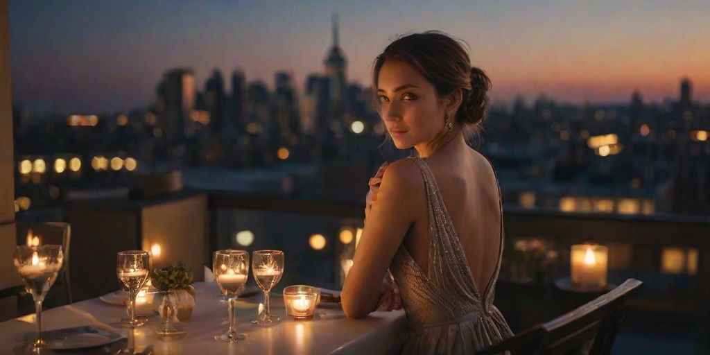 Candlelit dinner on a rooftop terrace, the city lights twinkling below, and a woman dressed elegantly, her face glowing in the soft candlelight as she gazes out over the skyline.