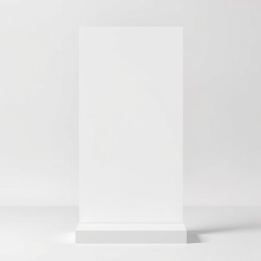 Generate a high-resolution image of a blank vertical display stand on a neutral background, with soft lighting, using a DSLR camera at f/4 aperture, 50mm lens, ISO 100, and a view from a slightly above angle for depth.