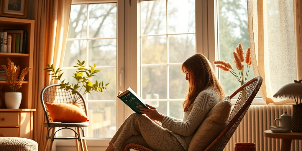 Create a cozy indoor scene featuring a woman reading a book in a bright room with a large window, soft natural light filtering through, warm colors, and a decorative chair, captured in high resolution with a DSLR camera at f/2.8 aperture, ISO 100, 50mm lens, and slight vignette for depth.