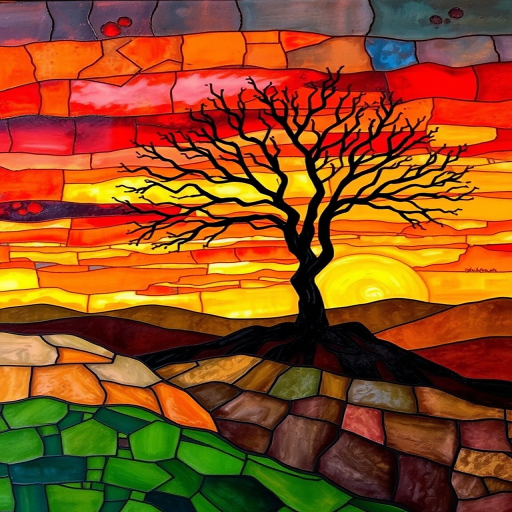 A vibrant abstract painting on Tiffany Glass, blending acrylic and alcohol ink techniques, captures a dramatic sunset over rolling hills. The artwork features a textured, rocky foreground in green and brown, layered abstract hills, and a striking sunset in rich oranges, yellows, and reds. A solitary black tree with intricate branches contrasts against the fiery sky, creating a dynamic and expressive portrayal of a breathtaking natural scene.