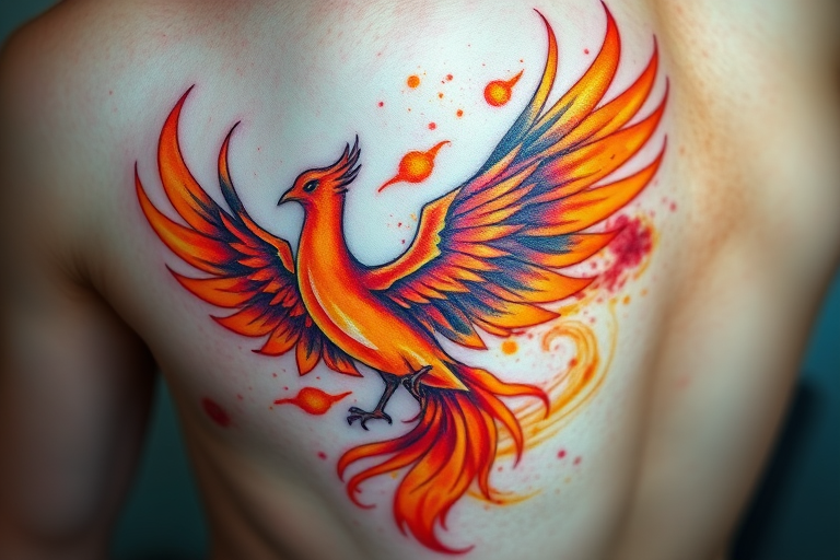 Vibrant watercolor tattoo of a soaring phoenix rising from ashes, bursting with hues of orange, red, and gold, creating a stunning contrast against blue-tinted skin, showcasing fluid brushstrokes and ethereal blending techniques