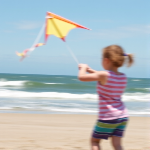 Blurry action shot of a child flying a kite on a windy beach, soft focus on the kite as it soars through the sky, with distant waves crashing against the shore.
