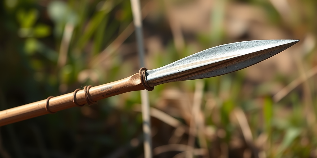 Create an image of a traditional spear with a wooden shaft and a metal tip, captured in high resolution using a DSLR camera with a 50mm lens, aperture set to f/2.8, ISO 100, and shot in natural light to enhance details and textures.