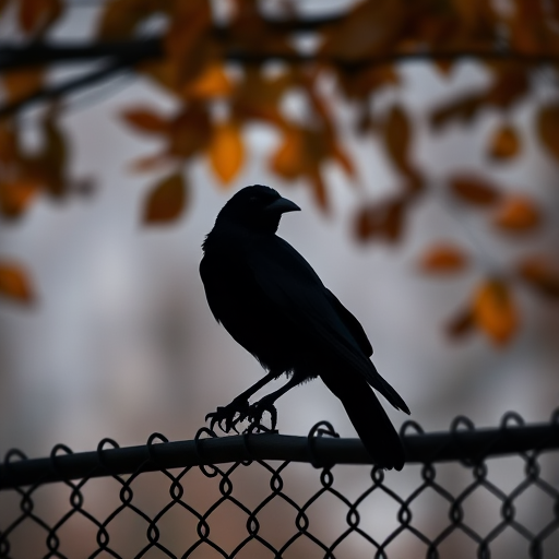 A silhouetted black crow perched on a chain-link fence with autumn leaves in the background, captured with a 50mm lens at f/2.8, ISO 200, 1/400s, shallow depth of field, soft focus background, natural light, DSLR camera.