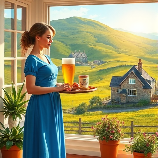 In "A Glass of Beer on the Highland," a serene scene is depicted in a sunlit room where a woman in a vibrant blue dress stands by a large window. She holds a tray with a hearty meal and a frothy glass of beer, embodying a moment of relaxation. Outside, the breathtaking highland landscape features rolling green hills and a charming traditional house, all bathed in warm afternoon light. The interior is adorned with potted plants, creating a harmonious blend of comfort and nature. The painting beautifully captures the tranquility and joy found in simple pleasures amidst stunning scenery