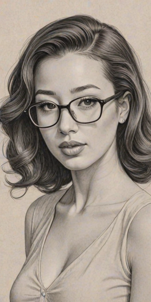 Enticing Christian Serratos, pencil sketch, portrait of Exquisite woman 1944s in glasses, hair style beatnik, outline, clear lines, fine lines, 8k