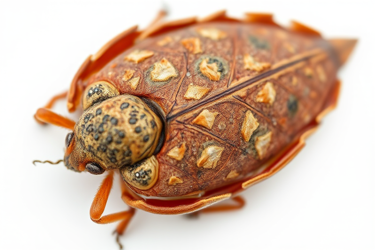 A close-up of a camouflaged insect resembling a dry leaf, with intricate textures and colors blending into a light background.