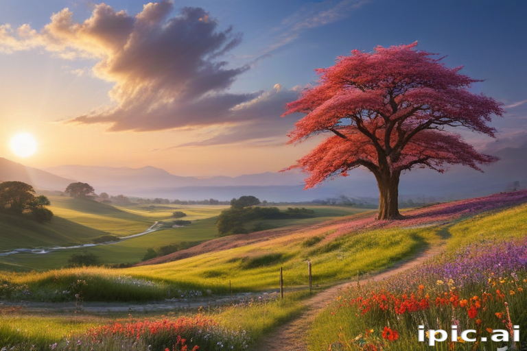 Serene Sunrise Over a Vibrant Landscape with Blooming Cherry Blossom Tree