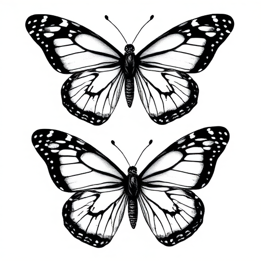 Generate an image of three butterflies in black and white. The butterflies should have intricate patterns on their wings, with one butterfly featuring spots, another with stripes, and the third with a combination of both. The background should be a soft, light color to enhance the delicate appearance of the butterflies.