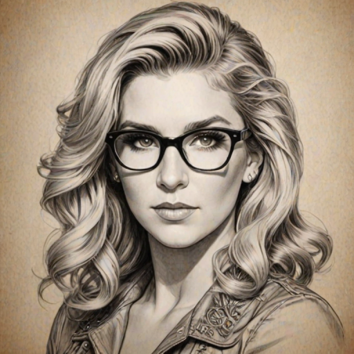 Pleasing Ke$ha, pencil sketch, portrait of Appealing woman 1940s in glasses, hair style beatnik, outline, clear lines, fine lines, 8k
