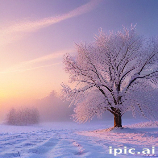 A Serene Winter Landscape Featuring a Frost-Covered Tree at Sunrise.