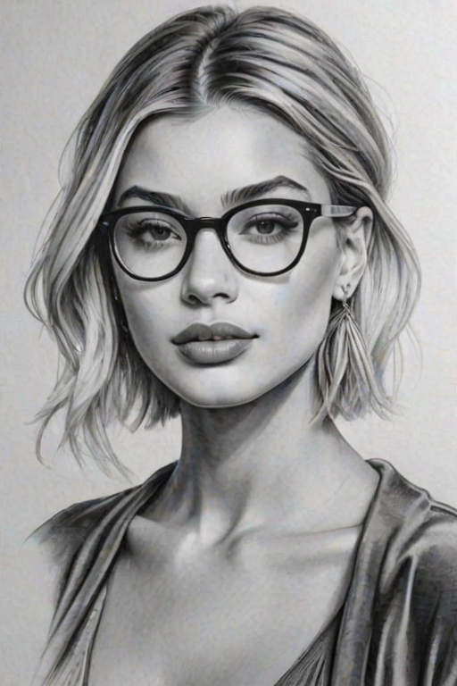 Dazzling Hailey Bieber, pencil sketch, portrait of Exquisite woman 1936s in glasses, hair style beatnik, outline, clear lines, fine lines, 8k
