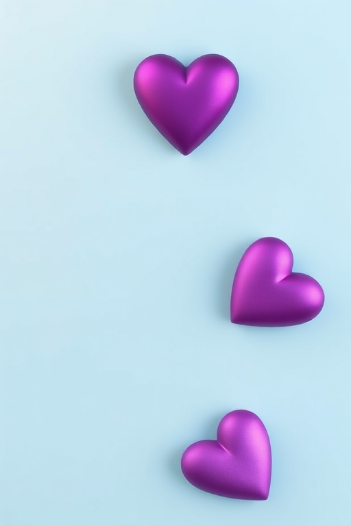 Create a flat lay image of three gradient purple hearts arranged vertically on a light blue background with a blank rectangular space in the center, using a DSLR camera, aperture f/2.8, shutter speed 1/125s, ISO 100, and natural light.
