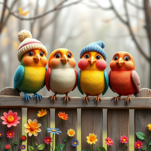 create a scene of 4 quirky  whimsical colourful comical birds each with a funny expression. they are sat on a wooden fence with colourful flowers. they are all different sizes. each one is a different colour  one is wearing a woolly hat. Each one has a different quirky google expression and there is a muted background of trees watercolour paintierly style high definition 8k resolution 3D paper mache