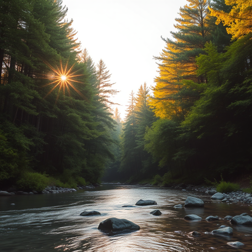 Create an image of a serene, sunlit forest scene with a clear, gently flowing river. Tall trees with lush green foliage line both sides of the river, their leaves bathed in the warm golden light of the setting or rising sun. The sunlight filters through the trees, casting soft, dappled light on the river, which flows over smooth rocks and pebbles, creating a peaceful, natural atmosphere. The sky is bright with a few scattered clouds, and the overall mood is tranquil, evoking a deep sense of connection with nature. The image captures the beauty of a calm, pristine forest landscape at either dawn or dusk.