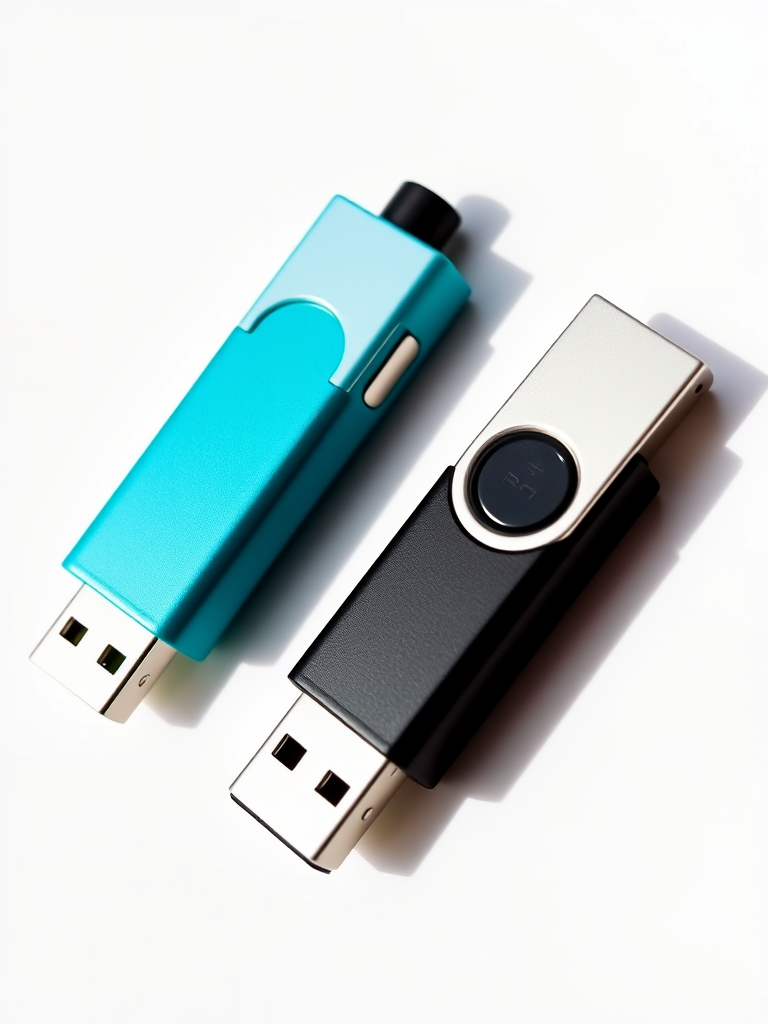 Generate a high-resolution image of two USB flash drives, one teal and one black, positioned at a slight angle to showcase their design, with a clean white background, using a DSLR camera at f/2.8 aperture, ISO 100, 50mm lens, and soft natural lighting for a polished look.