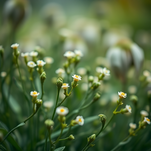 macro shot of green plants with white flowers in soft focus background, aperture f/2.8, shutter speed 1/200s, ISO 100, 50mm lens, taken with a DSLR camera in natural light
