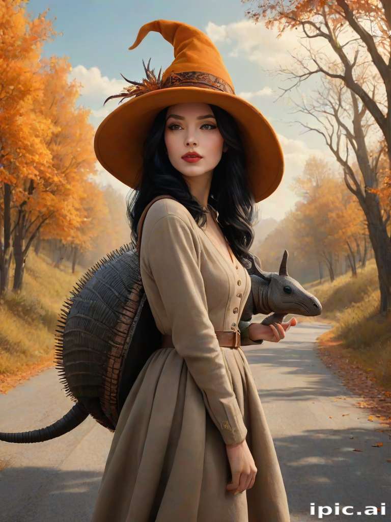digital art fantasy depicting a strange girl with black hair, long eyelashes, orange lipstick and a tall hat walking along a winding road on an autumn afternoon, an armadillo smiles as he passes