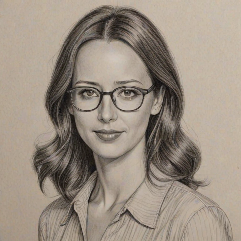 Wonderful Amy Acker, pencil sketch, portrait of Pleasing woman 1925s in glasses, hair style beatnik, outline, clear lines, fine lines, 8k