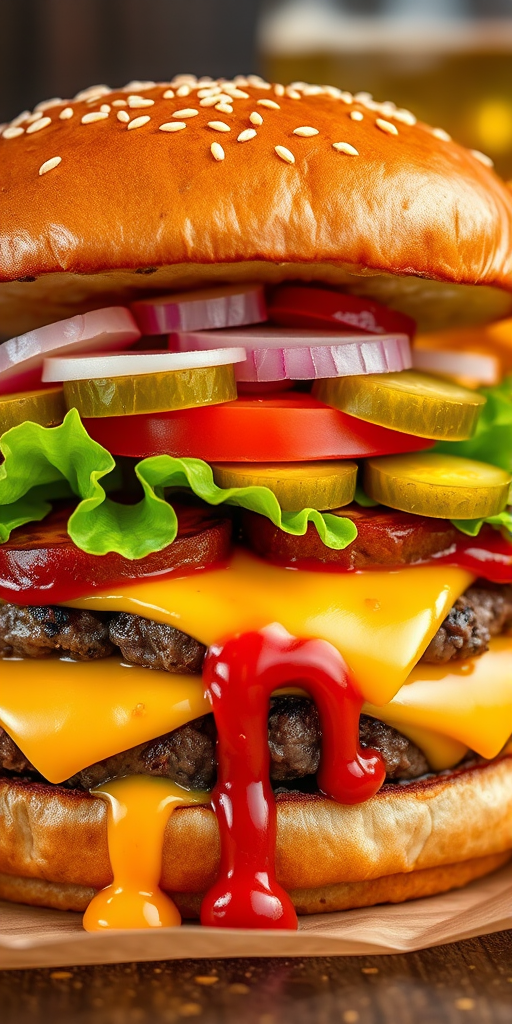 High-resolution, close-up image of a gourmet double cheeseburger. The burger features a glossy, sesame-seed-topped brioche bun. Inside, there are two thick, juicy beef patties, each topped with melted cheddar cheese. The burger is garnished with fresh lettuce, tomato slices, diced onions, and pickles. A generous amount of ketchup and a creamy, orange-colored sauce is dripping down the sides, adding to the mouth-watering appeal. In the background, there are blurred elements including a side of golden French fries and a hint of a beverage, enhancing the overall presentation of a delicious meal.