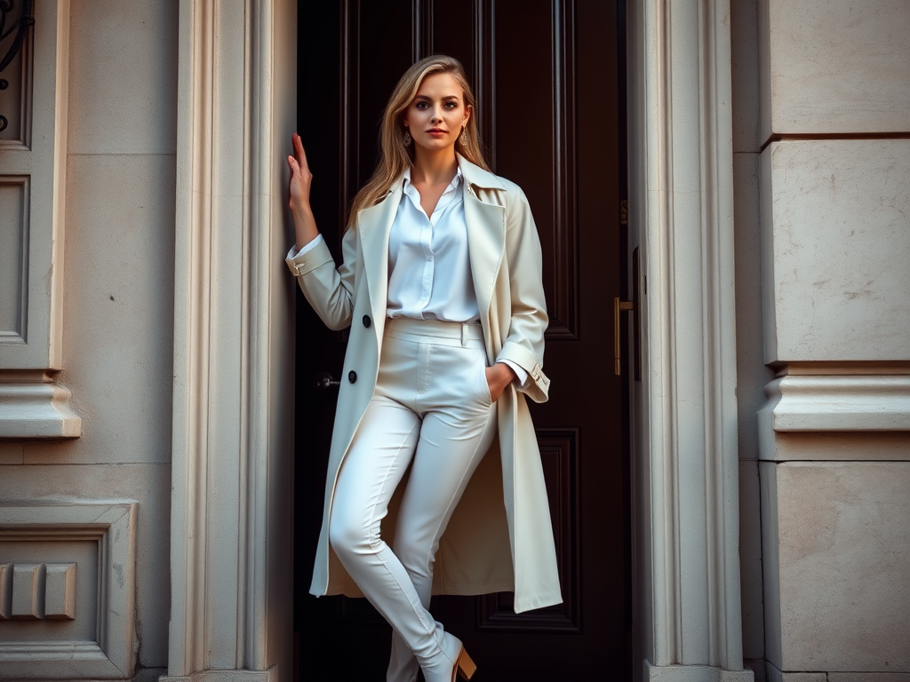 Woman in a stylish white outfit and light trench coat posing next to an elegant door, natural lighting, taken with a DSLR camera, 50mm lens, aperture f/1.8, ISO 100, shallow depth of field, soft focus background.