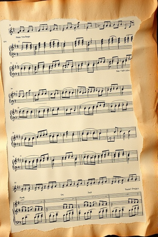 Generate a high-resolution image of vintage sheet music on aged paper with soft focus, using a DSLR camera with a 50mm lens, aperture f/2.8, ISO 100, shot from a top-down view with natural lighting.
