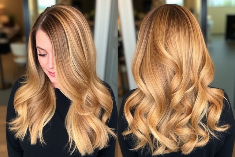 Caramel blonde balayage on long, face-framing layers, named "Golden Hour Glow," featuring a sun-kissed gradient and soft, romantic curls at the ends
