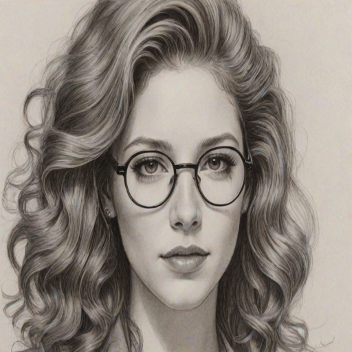 Magnificent Rachelle Lefevre, pencil sketch, portrait of Splendid woman 1937s in glasses, hair style beatnik, outline, clear lines, fine lines, 8k