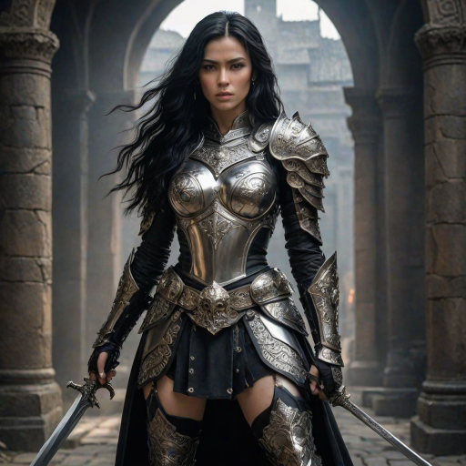 Create a photo of a fierce female warrior with long black hair, wearing an ornate, metallic armor. The armor includes a breastplate with intricate designs, shoulder guards, and gauntlets. The breastplate is decorated with a central emblem, possibly representing a mythical symbol, and has a sculpted, form-fitting design. She wears a belt with a large skull ornament at the center, and her armor extends into a partial skirt, revealing one leg. The overall look is both protective and stylish, with a dark, gothic aesthetic. The background is dimly lit, suggesting a medieval or fantasy setting, enhancing the warrior's imposing presence and intense expression.