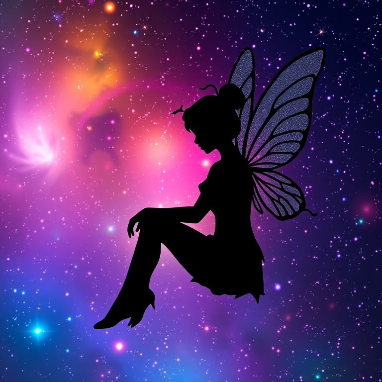 Create an ethereal silhouette of a fairy sitting gracefully, surrounded by a cosmic background filled with stars and vibrant colors, using a DSLR camera with a 50mm lens, f/1.8 aperture, 1/200s shutter speed, and ISO 100 for clarity and depth.
