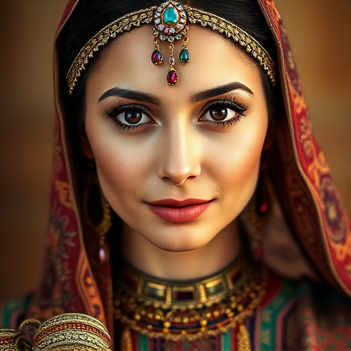 Create a portrait of a beautiful Turkish woman with striking black eyes and a gentle expression. She is adorned in traditional attire with intricate patterns, including a richly embroidered headscarf and matching garments. Her jewelry includes a delicate headpiece, dangling earrings, and ornate bracelets, all featuring vibrant gemstones and detailed metalwork. The background is soft and warm, enhancing the rich colors of her outfit and jewelry.