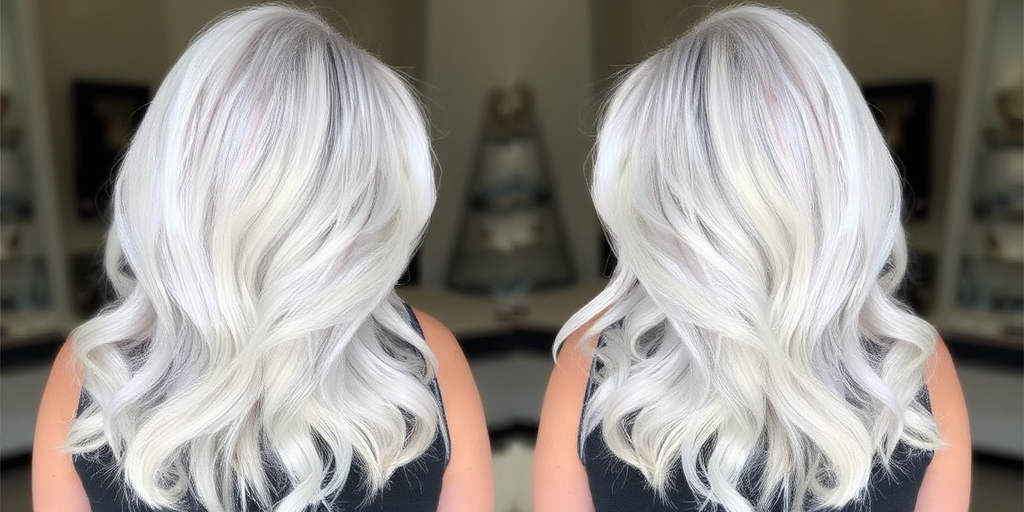 Ethereal white and silver ombré known as "Winter's Whisper" transitions seamlessly from pure white roots to icy silver tips, styled in long, flowing waves with a pearlescent sheen
