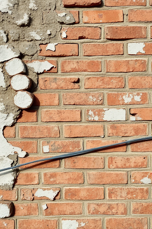 create an image of a textured wall with exposed bricks and peeling paint, showing intricate details and a rustic charm, captured with a DSLR camera at f/4.0 aperture, ISO 100, 50mm lens, under natural lighting, using a shallow depth of field for enhanced focus on texture.