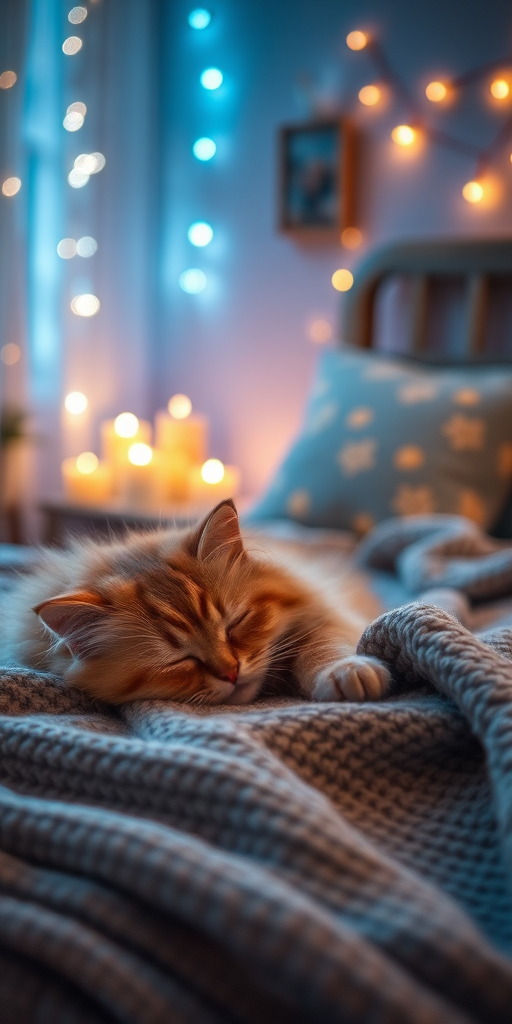 a cozy bedroom scene featuring a fluffy cat sleeping peacefully on a textured blanket, with soft, warm lighting from candles and fairy lights in the background