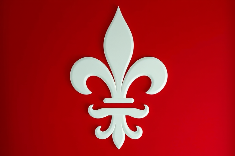 Create an image of a coat of arms featuring a stylized white fleur-de-lis on a red background, shot with a Canon EOS R5 at f/8, ISO 100, 50mm lens, front view, high dynamic range photography.