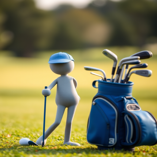Create an image of a gray stick figure golfer wearing a blue cap, standing next to a blue golf bag filled with golf clubs, with a soft-focus background in a golf course setting, captured using a DSLR camera with a 50mm lens at f/2.8, ISO 100, and a natural light source for enhanced clarity and detail.