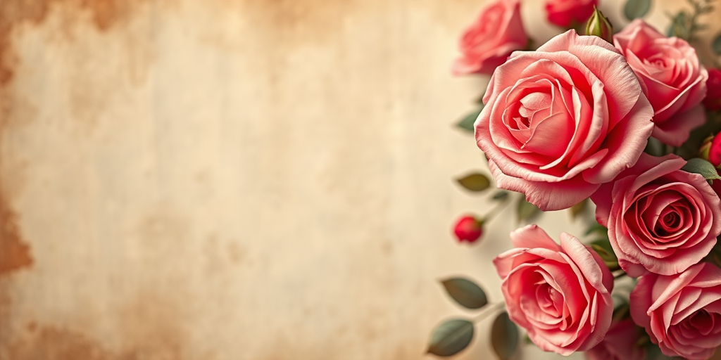 Create a vintage floral banner with a rich, textured background featuring pink and red roses on one side, using a Canon EOS R5 with a 50mm f/1.2 lens, aperture set to f/2.8, ISO 100, focusing on vibrant colors and soft bokeh effects.