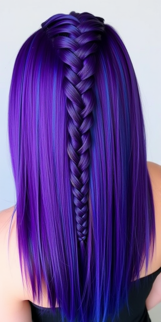 Deep purple hair with electric blue streaks forms the dramatic "Cosmic Fusion" look. The long, straight locks are styled with a glass-like finish, creating a sleek, futuristic appearance. A section of hair is braided tightly against the scalp in an intricate geometric pattern, adding texture and interest to this bold, otherworldly style.