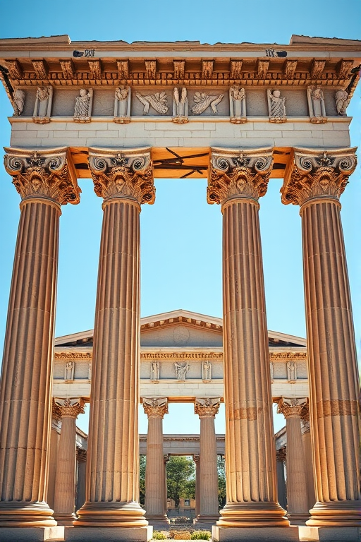 Create a high-resolution vector image of three classical Greek columns with intricate capitals and a detailed frieze above, shot with a Canon EOS R5 at f/8, 1/125s, ISO 100, in a wide-angle view to capture the architectural details and enhance depth.