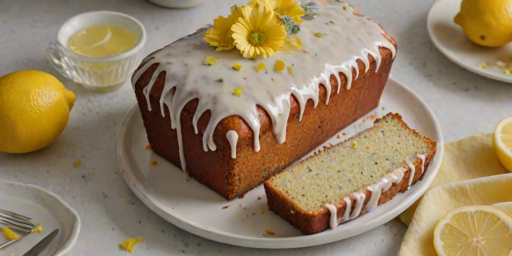 Create an image of a freshly baked lemon poppy seed loaf cake, topped with a glossy lemon glaze. The cake should be sliced, revealing its moist interior, and decorated with small edible flowers and lemon zest. Arrange the cake on a light-colored surface with a vintage knife beside it and a few lemon slices scattered around for added detail.