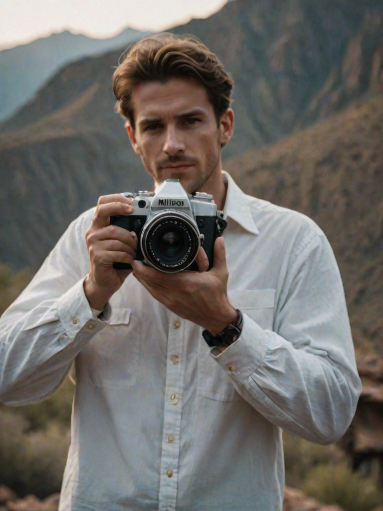 vintage Nikon camera hanging with a blurred background of mountains and a person in a white shirt, moody lighting, focus on camera details