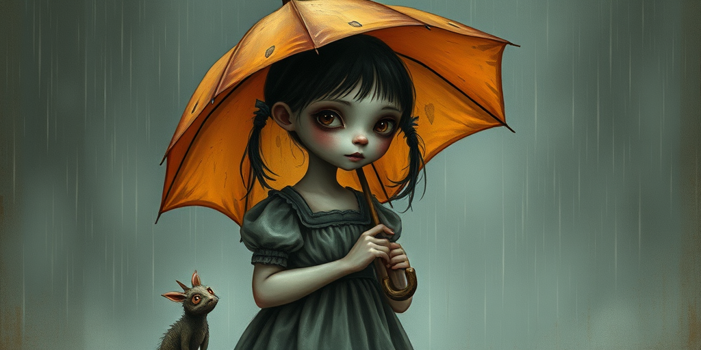 An eerie, weird little girl with dark hair in thin pigtails, wearing a smock dress, standing in the rain, holding a dirty orange umbrella, a small, odd creature beside her. In a surreal style inspired by Nicoletta Ceccoli and Brian Froud. Dark fantasy themes